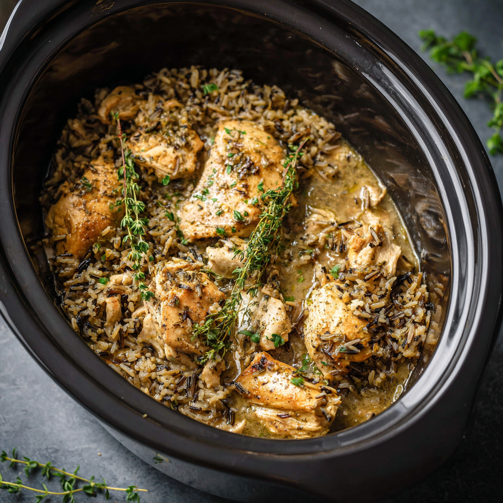 Crockpot Herb Butter Chicken and Wild Rice