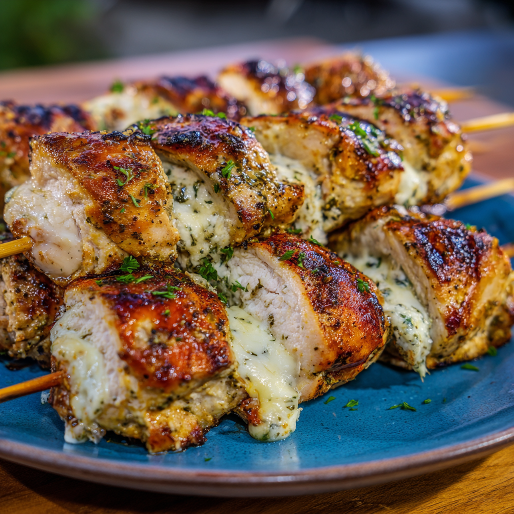 Garlic Mozzarella Chicken Bomb Skewers