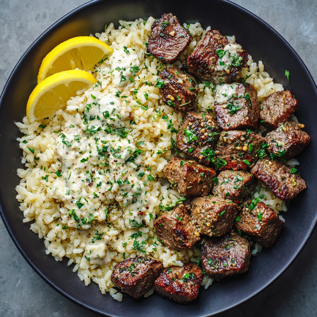 Creamy Garlic Butter Steak Bites with Tuscan Parmesan Rice