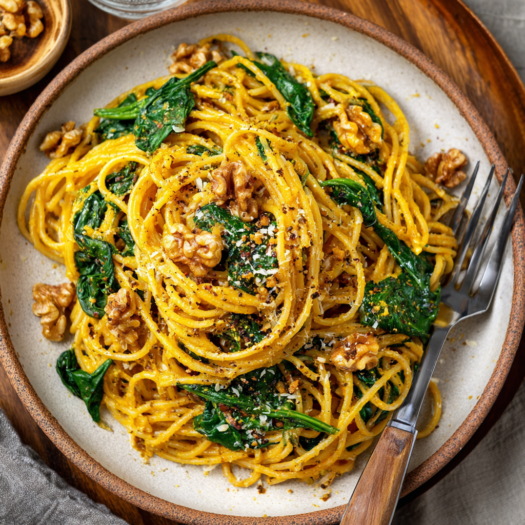 Pumpkin Spinach Walnut Spaghetti