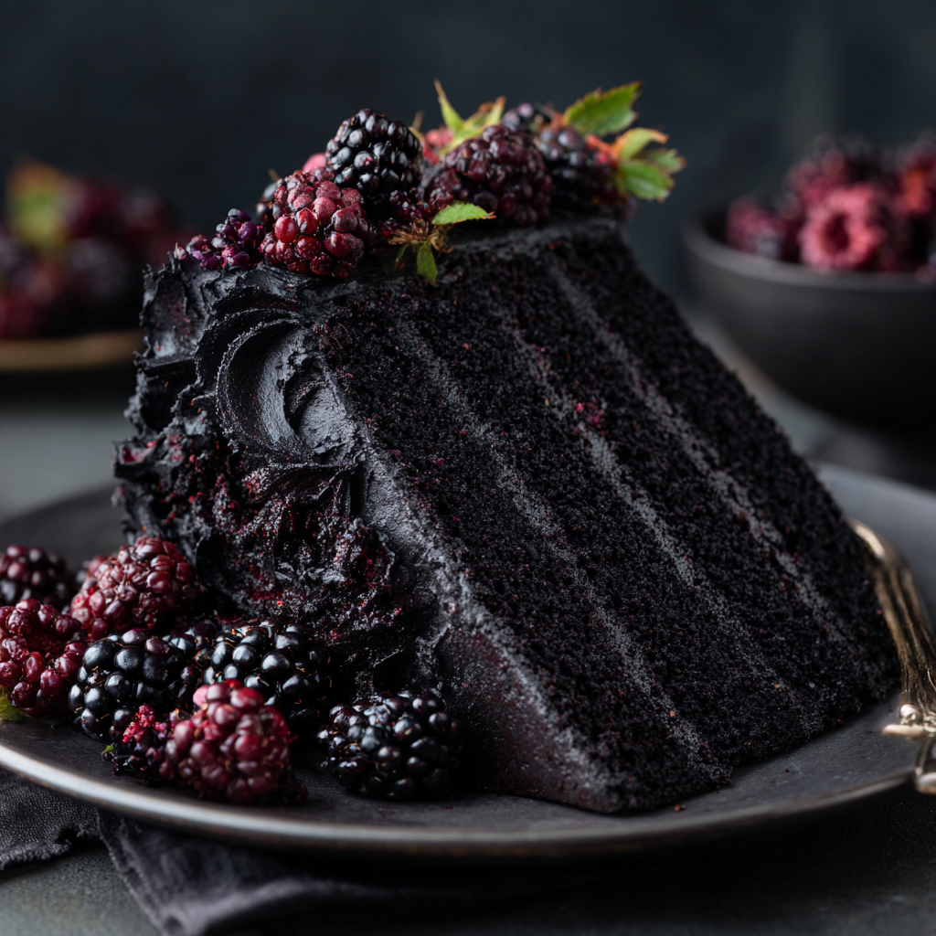 Black Velvet Cake with Blackberry Compote