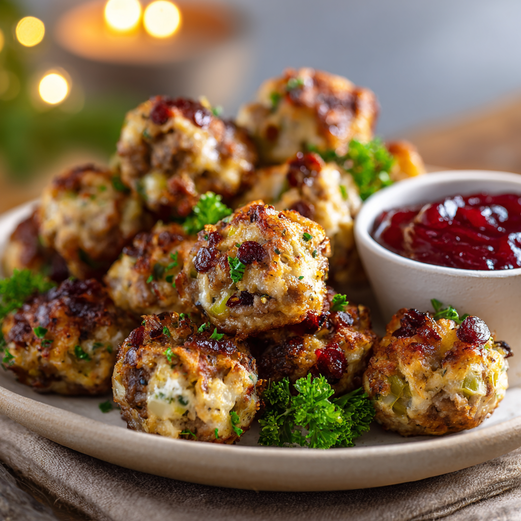 Sausage Stuffing Bites with Cranberry Sauce