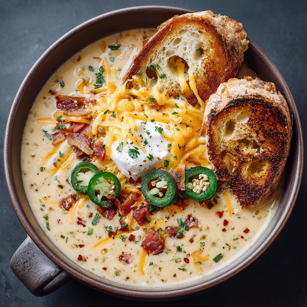 Spicy Jalapeño Popper Soup with Grilled Cheese Dippers