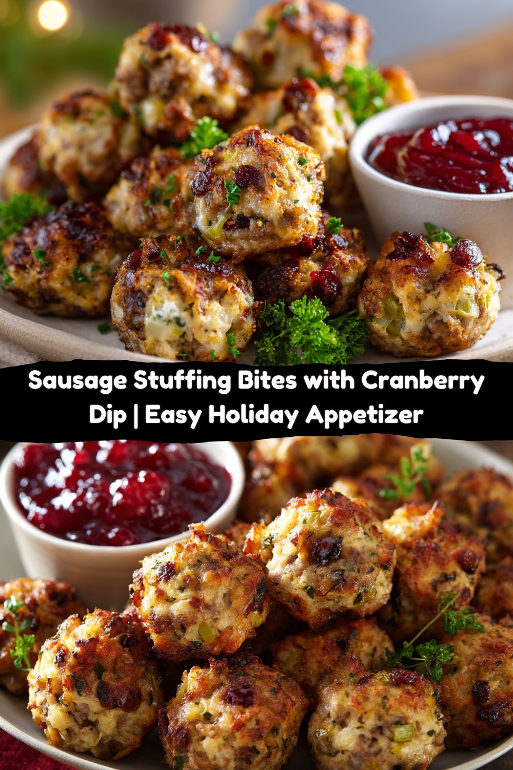 Sausage Stuffing Bites with Cranberry Sauce