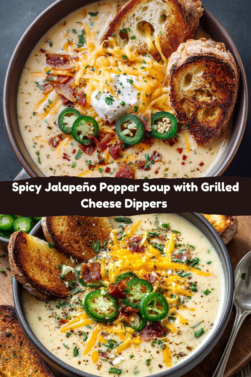 Spicy Jalapeño Popper Soup with Grilled Cheese Dippers