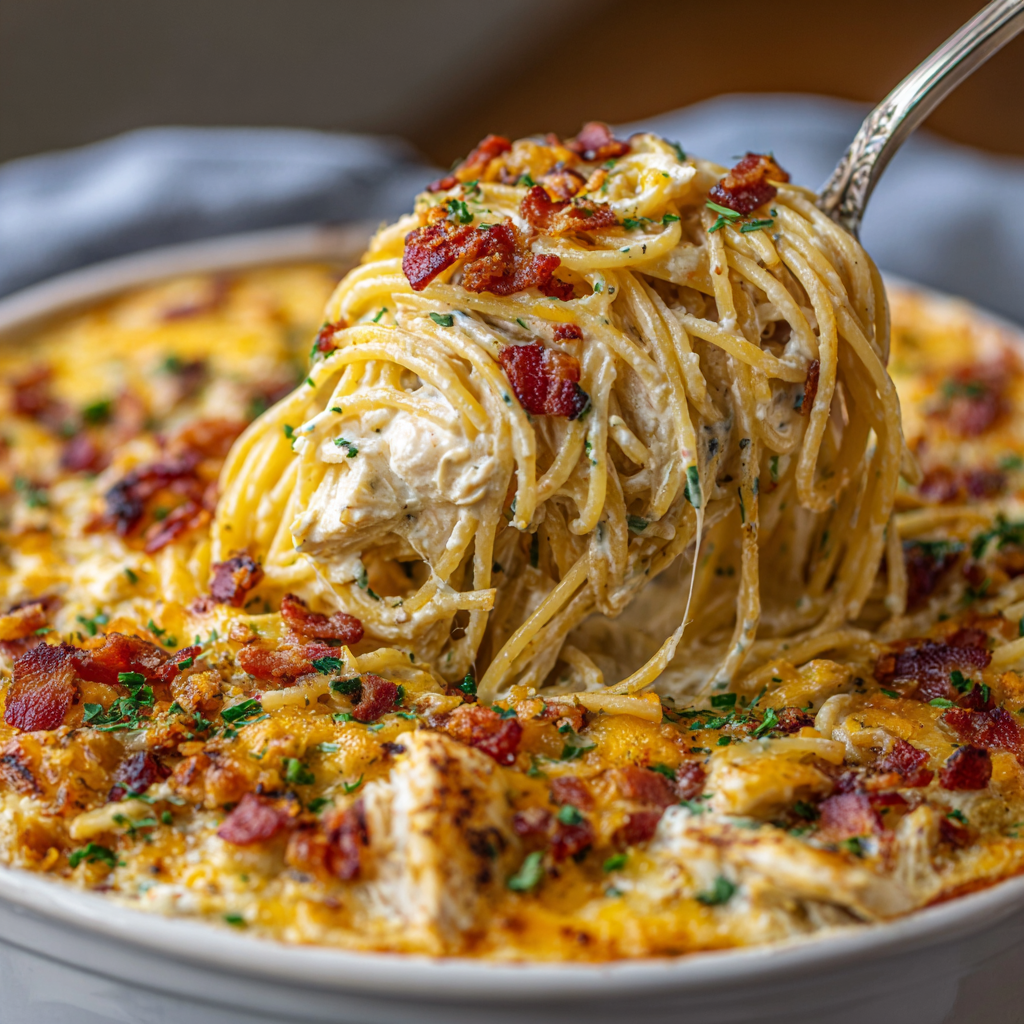 Creamy Chicken Bacon Ranch Spaghetti Bake