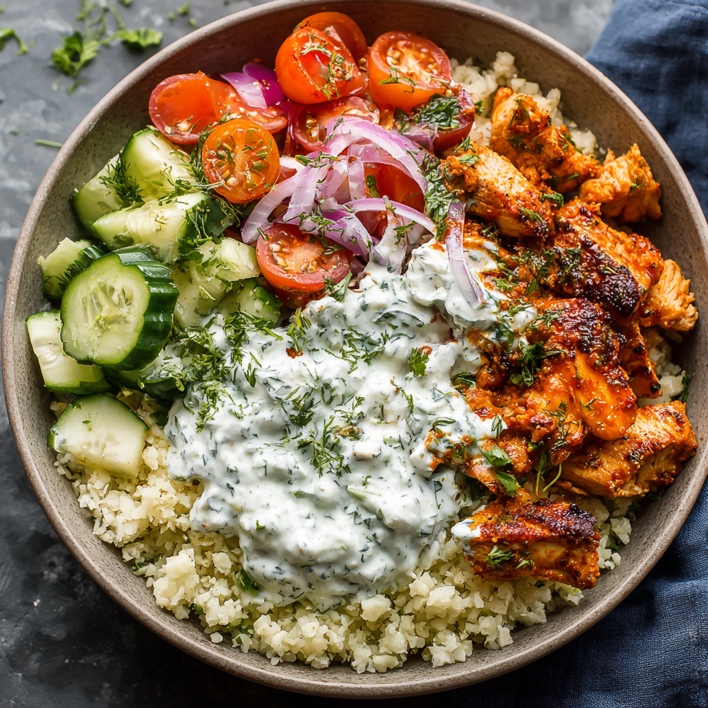 Buffalo Chicken Bowls with Garlic Cauliflower Rice