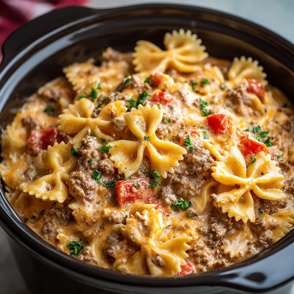 Easy Crockpot Cheesy Beef & Bowtie Pasta