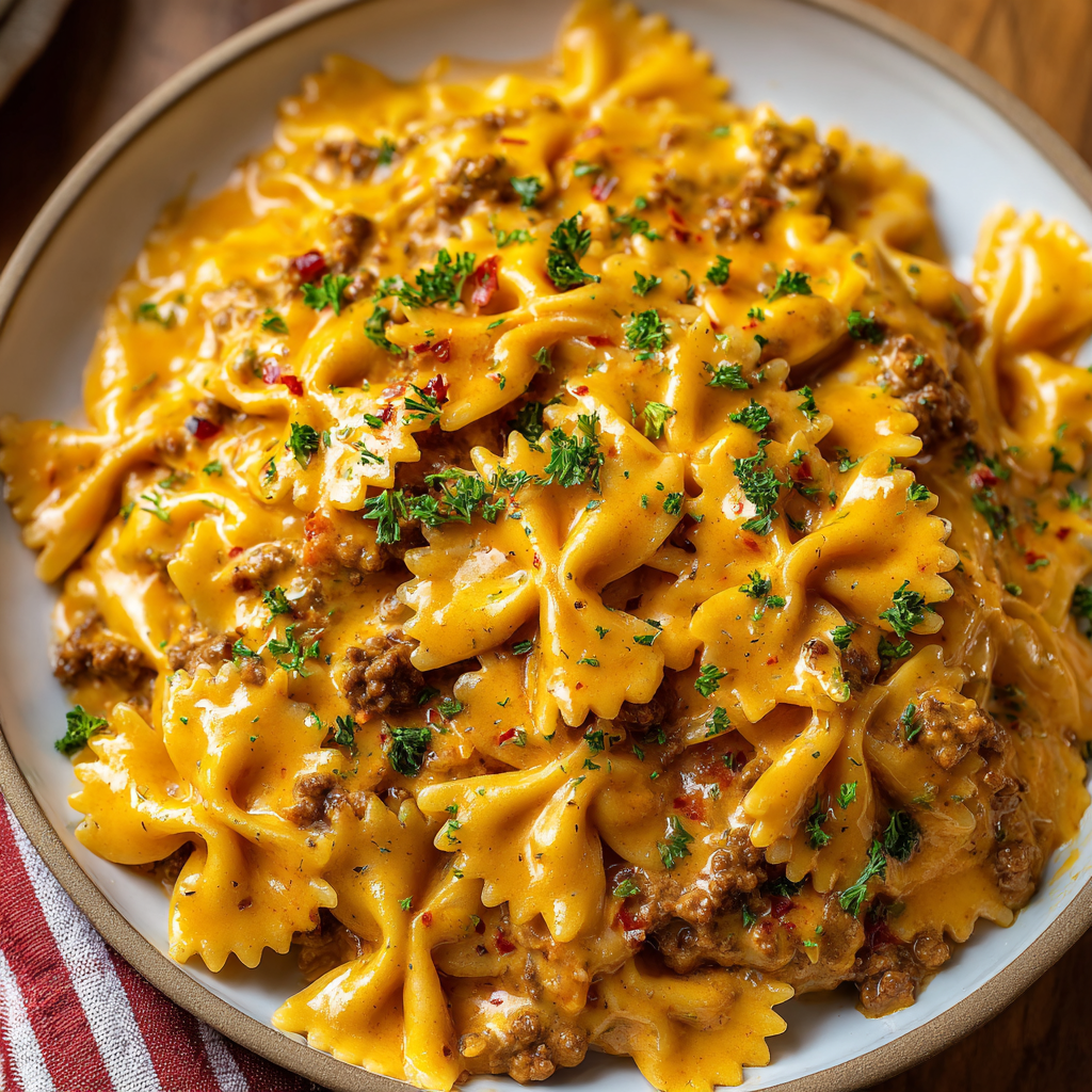 Crockpot Cheesy Beef & Bowtie Pasta