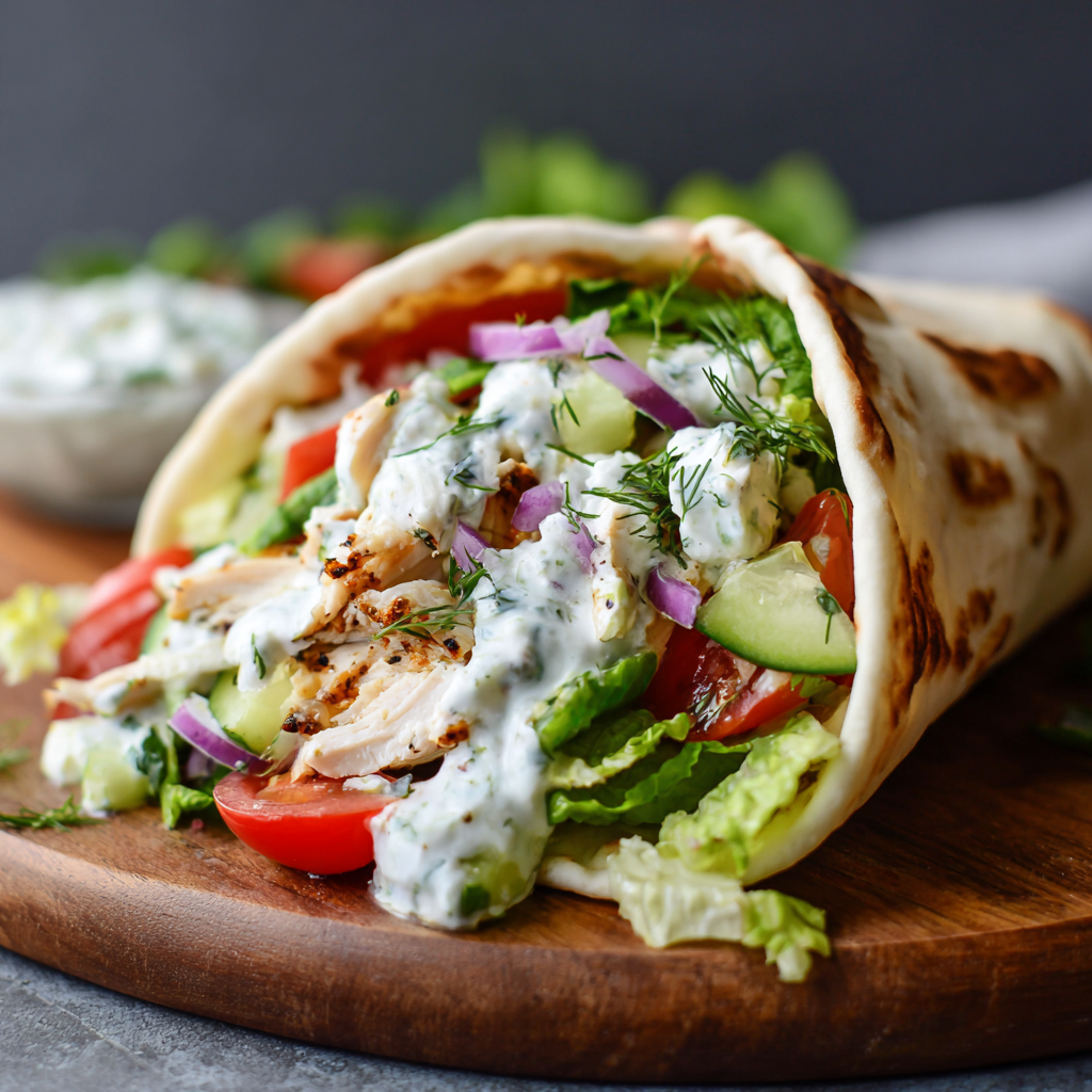 Healthy Chicken Pita Wrap with Creamy Feta Dill Dressing