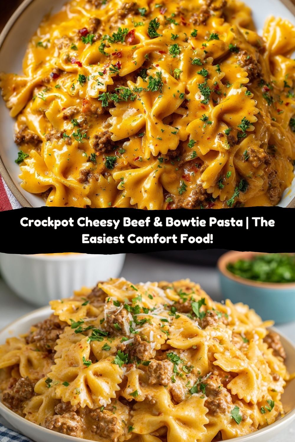 Crockpot Cheesy Beef & Bowtie Pasta