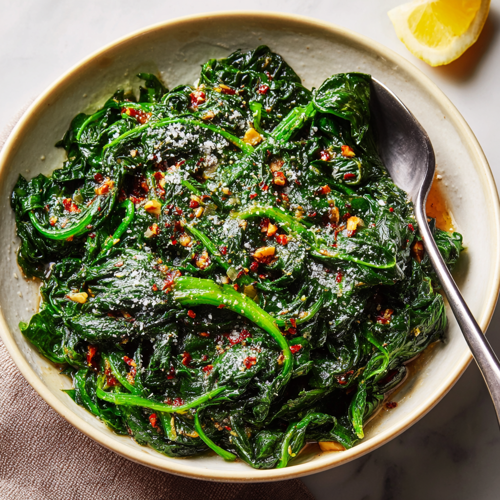 Garlicky Sautéed Spinach with Parmesan & Chili Oil