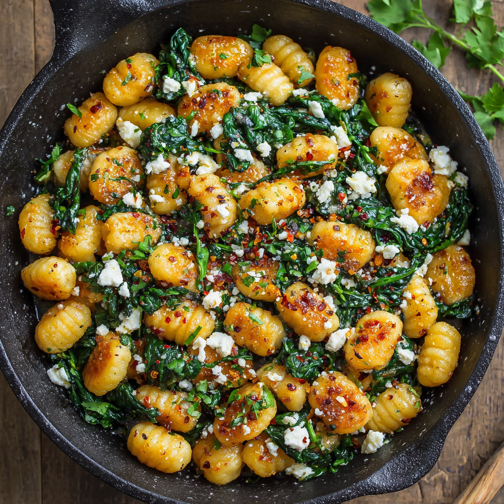 Crispy Gnocchi with Spinach, Feta & Garlic Chili Butter