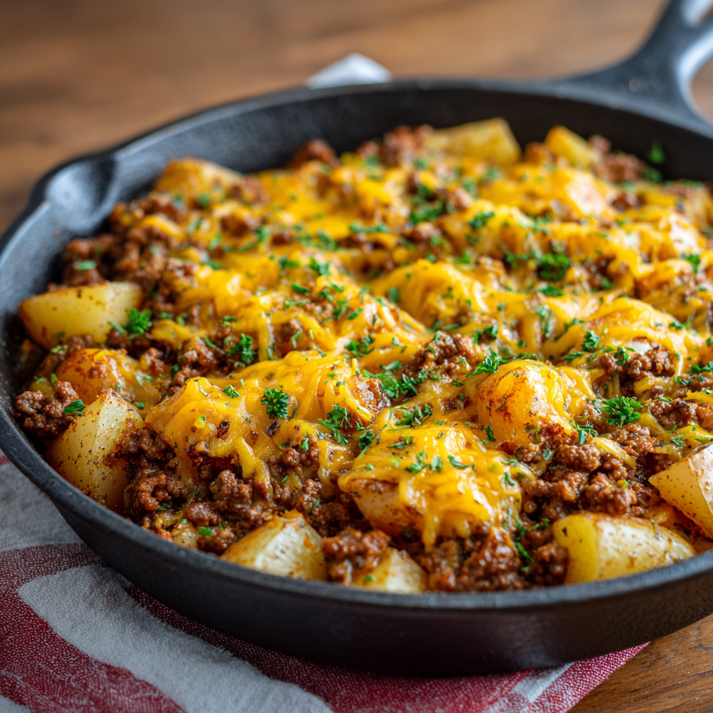 Cheesy Ground Beef and Potatoes Skillet