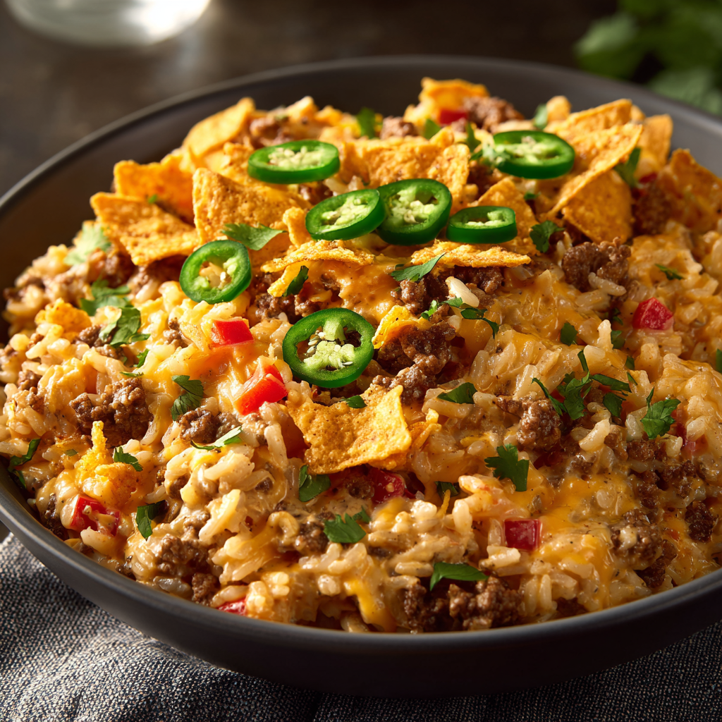 Creamy Taco Rice with Queso and Dorito Crunch