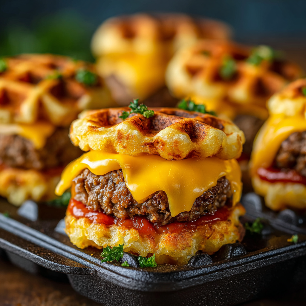 Cheesy Ground Beef Waffle Sliders