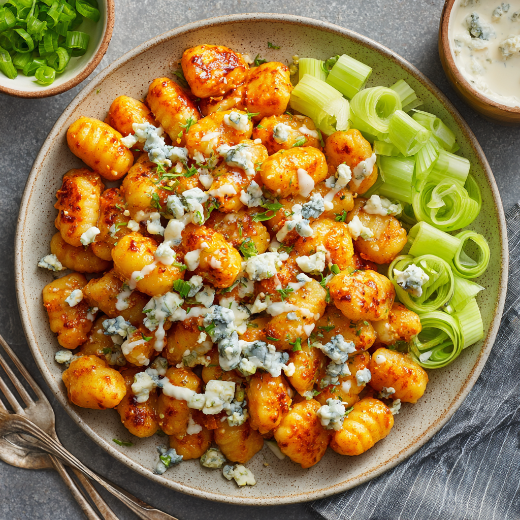 Buffalo Gnocchi with Blue Cheese Drizzle