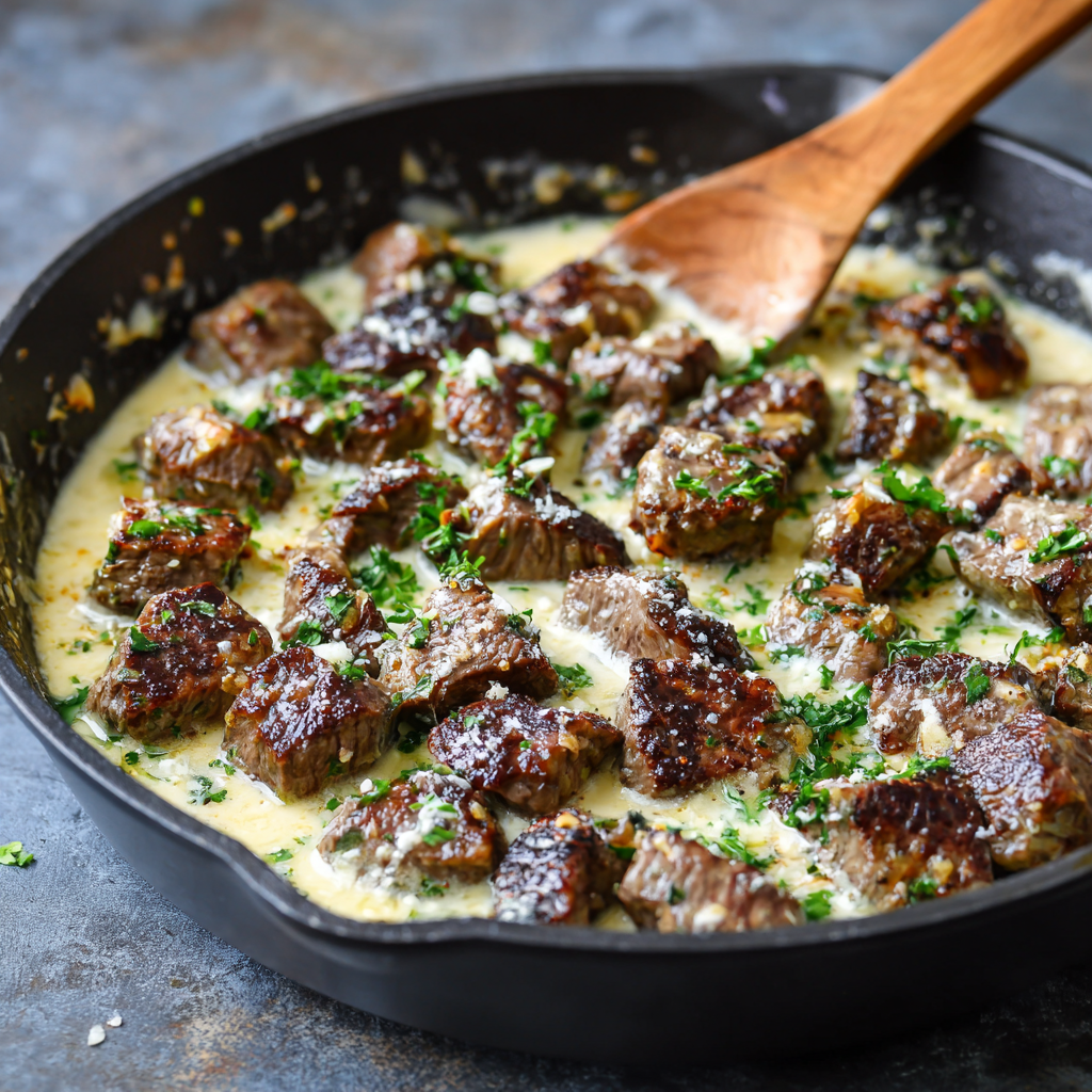 Garlic Butter Steak Bites in Parmesan Cream Sauce