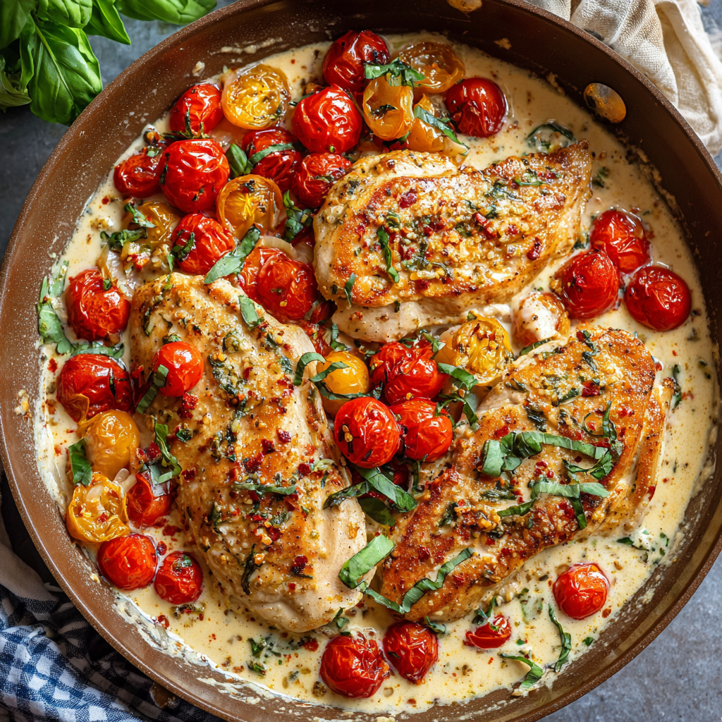 Tomato Basil Chicken in Creamy Roasted Garlic Sauce