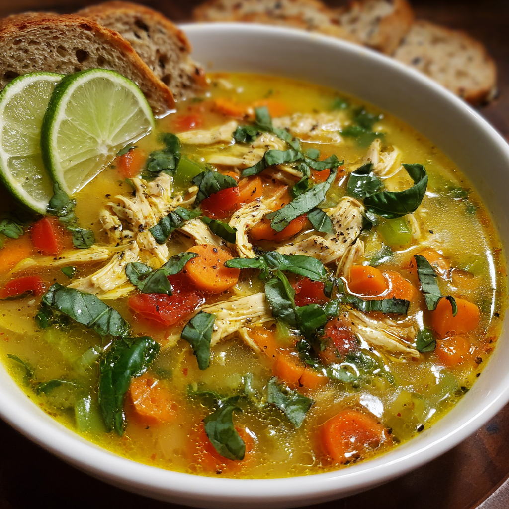 Light Chicken & Vegetable Soup with Basil and Lime