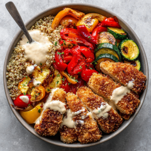 Crispy Chicken Cutlet Bowls with Quinoa & Veggies