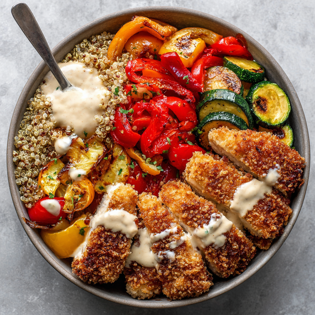 Crispy Chicken Cutlet Bowls with Quinoa & Veggies