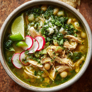 Pozole Verde with Shredded Chicken