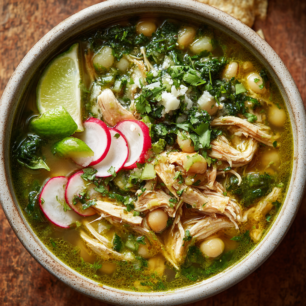Pozole Verde with Shredded Chicken