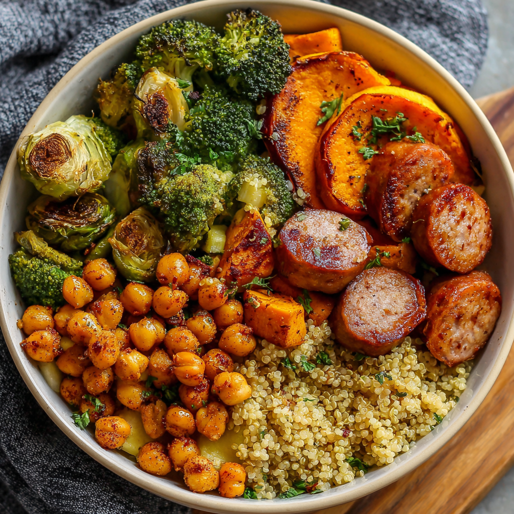 Roasted Veggie & Apple Chicken Sausage Quinoa Bowl