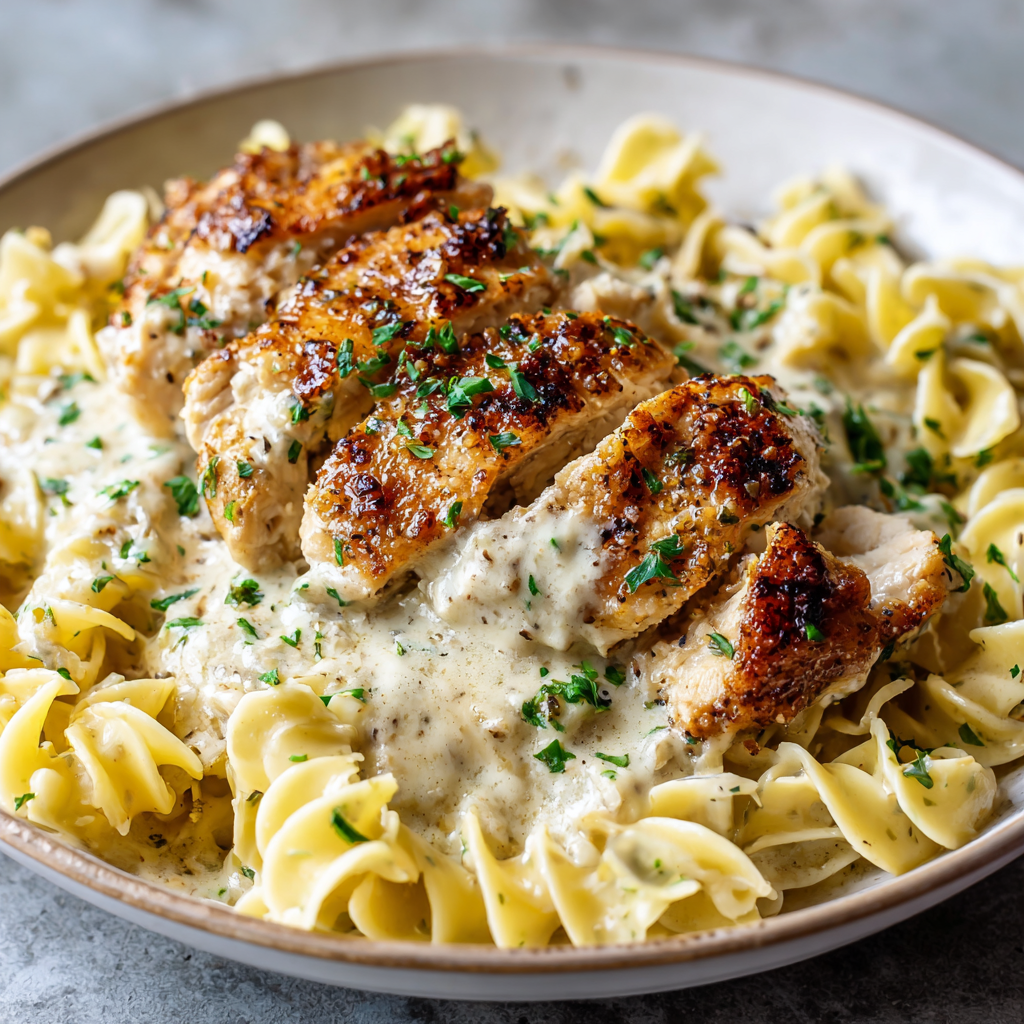 Creamy Garlic Parmesan Chicken with Buttered Noodles