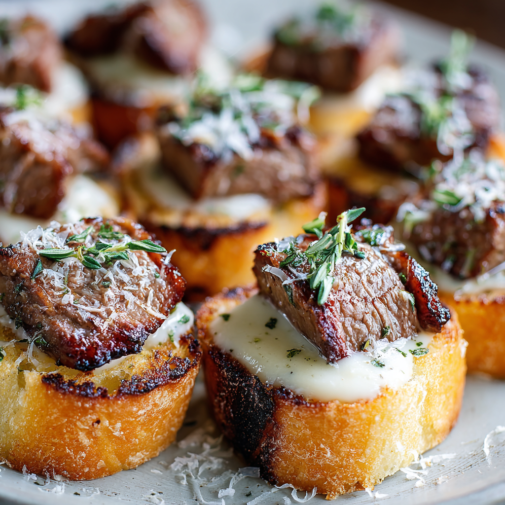 Beef Tenderloin Crostini with Parmesan Cream Sauce