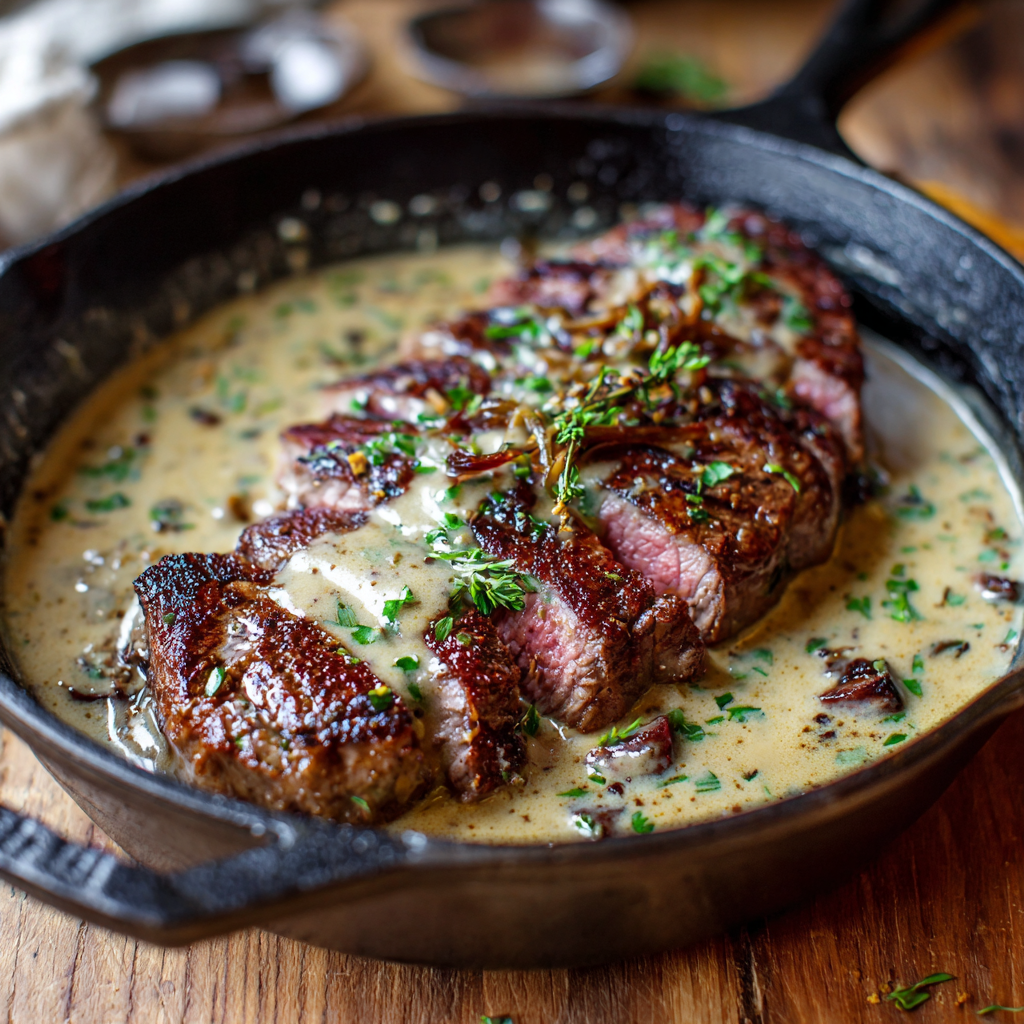 Steak with Haunted Bourbon Garlic Cream Sauce