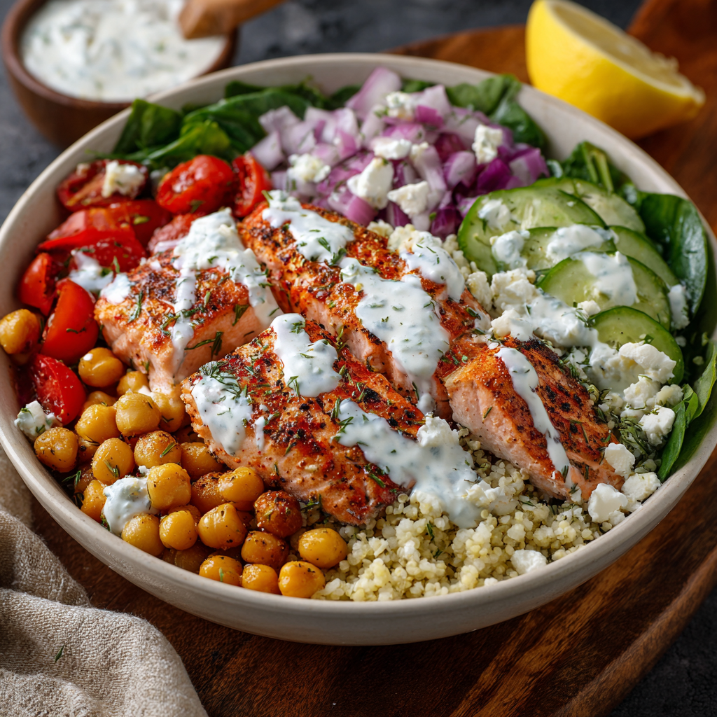 Mediterranean Salmon Chickpea Bowls