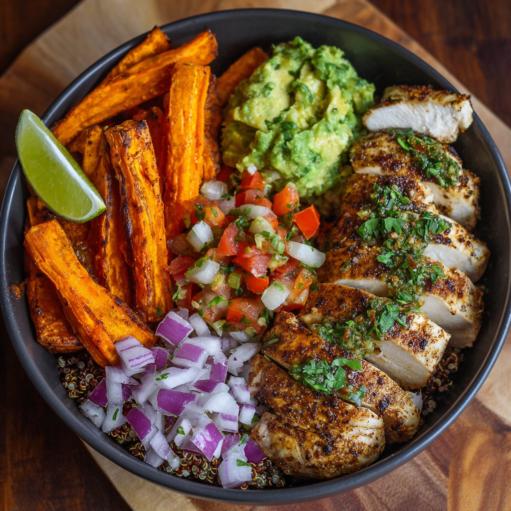 Grilled Herb Chicken Bowl with Sweet Potato Fries