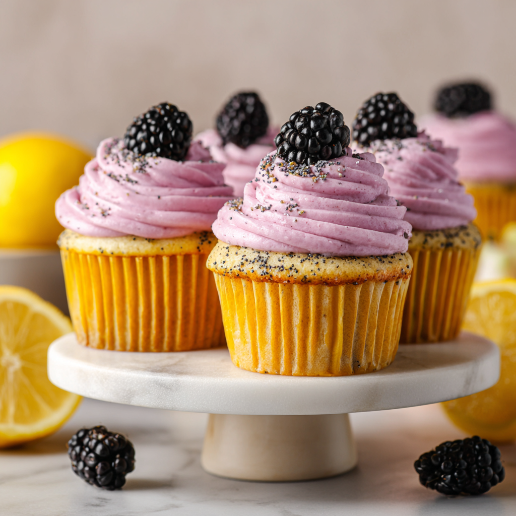 Lemon Poppy Seed Cupcakes with Blackberry Frosting