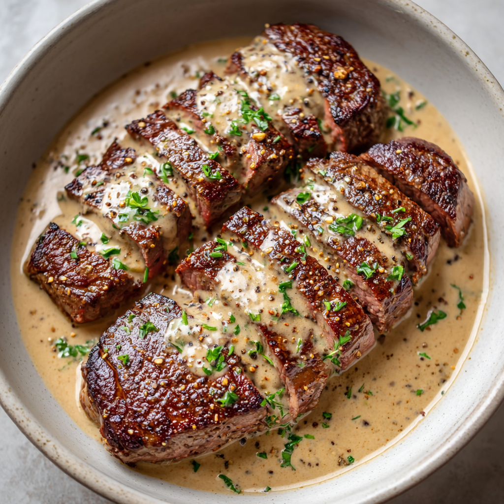Sirloin with Creamy Peppercorn Sauce