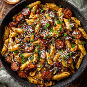 Sticky Honey Garlic Sausage Pasta Skillet