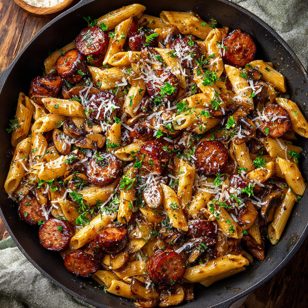 Sticky Honey Garlic Sausage Pasta Skillet