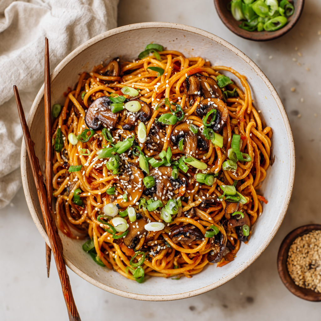 Gochujang Sesame Noodles with Mushrooms & Scallions